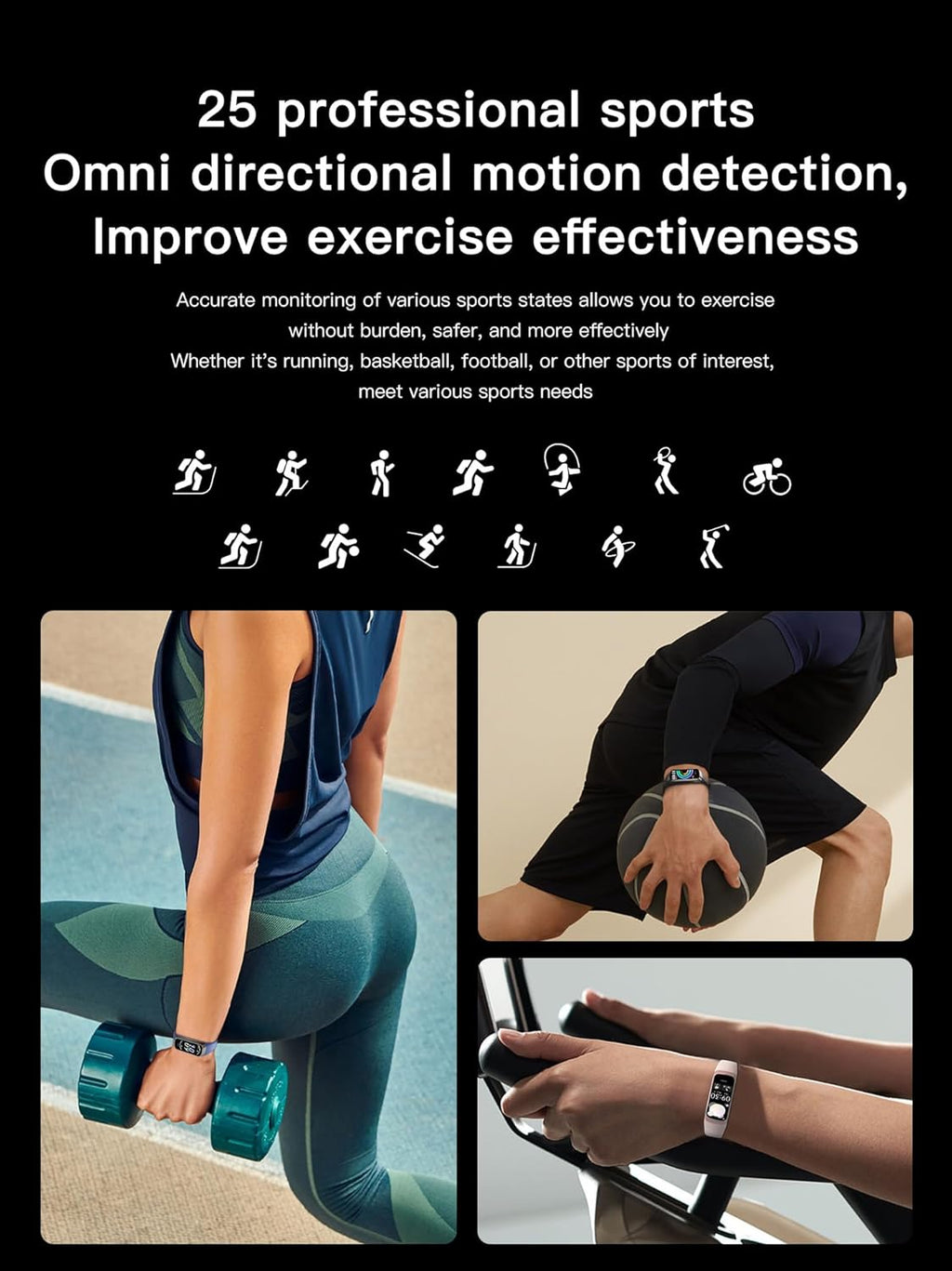 Waterproof fitness tracker for women and men shown during weightlifting running and cycling workouts