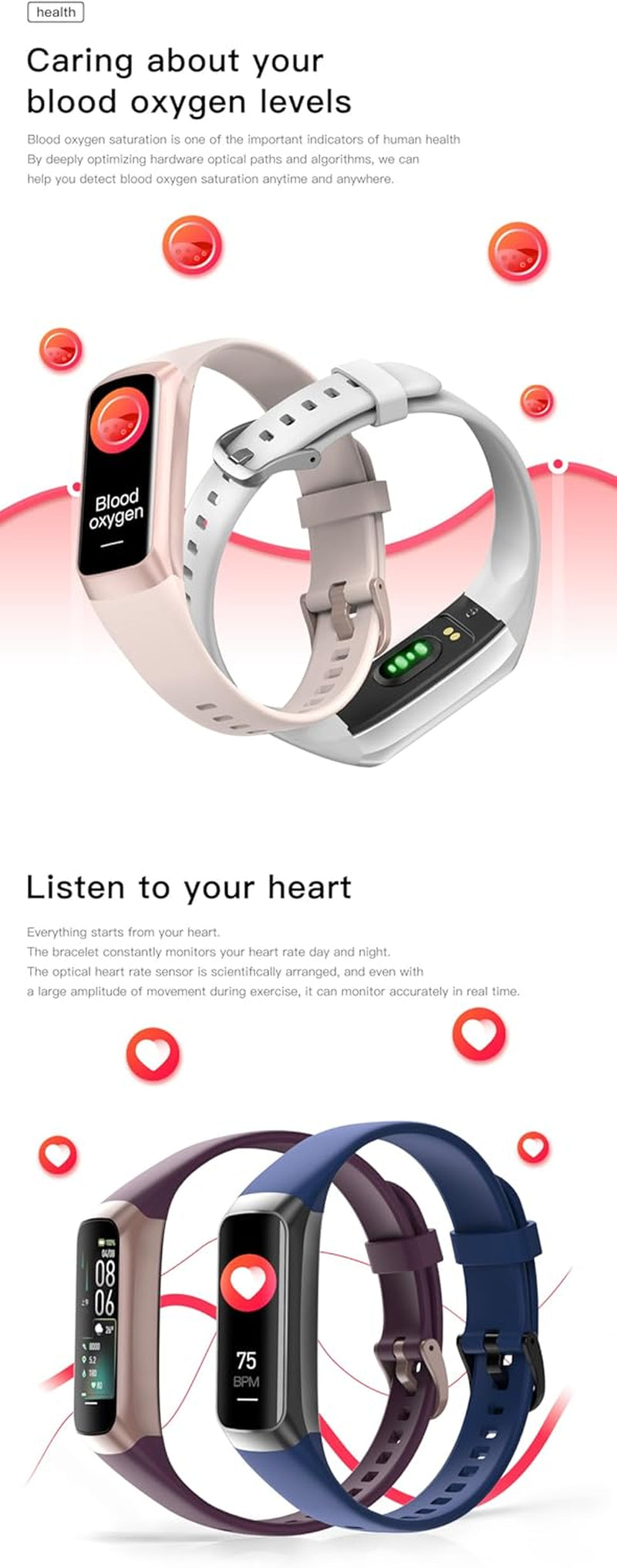 Waterproof fitness tracker for women and men by craques with heart rate and blood oxygen monitoring