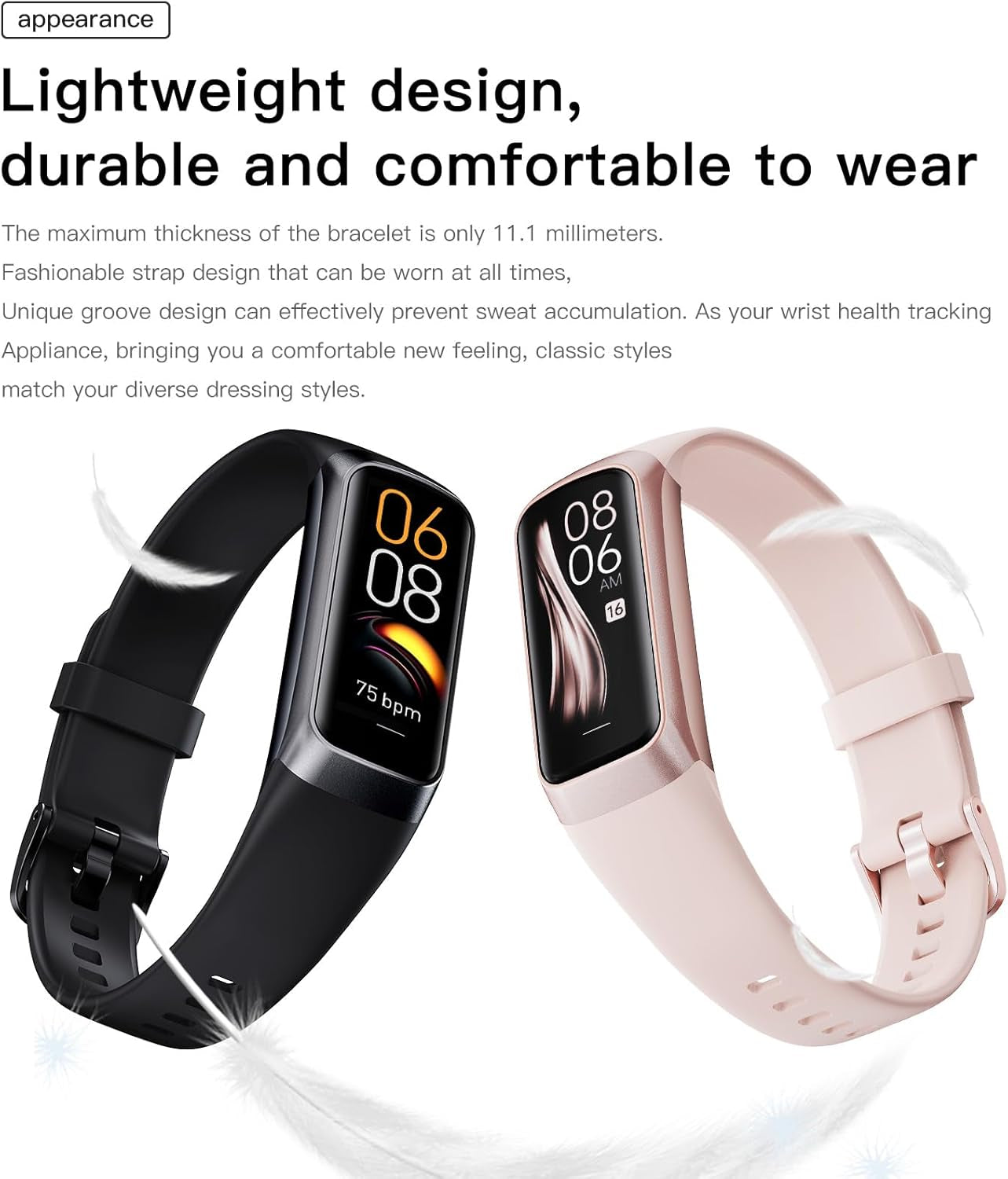 Waterproof fitness tracker for women and men with lightweight black and pink bands