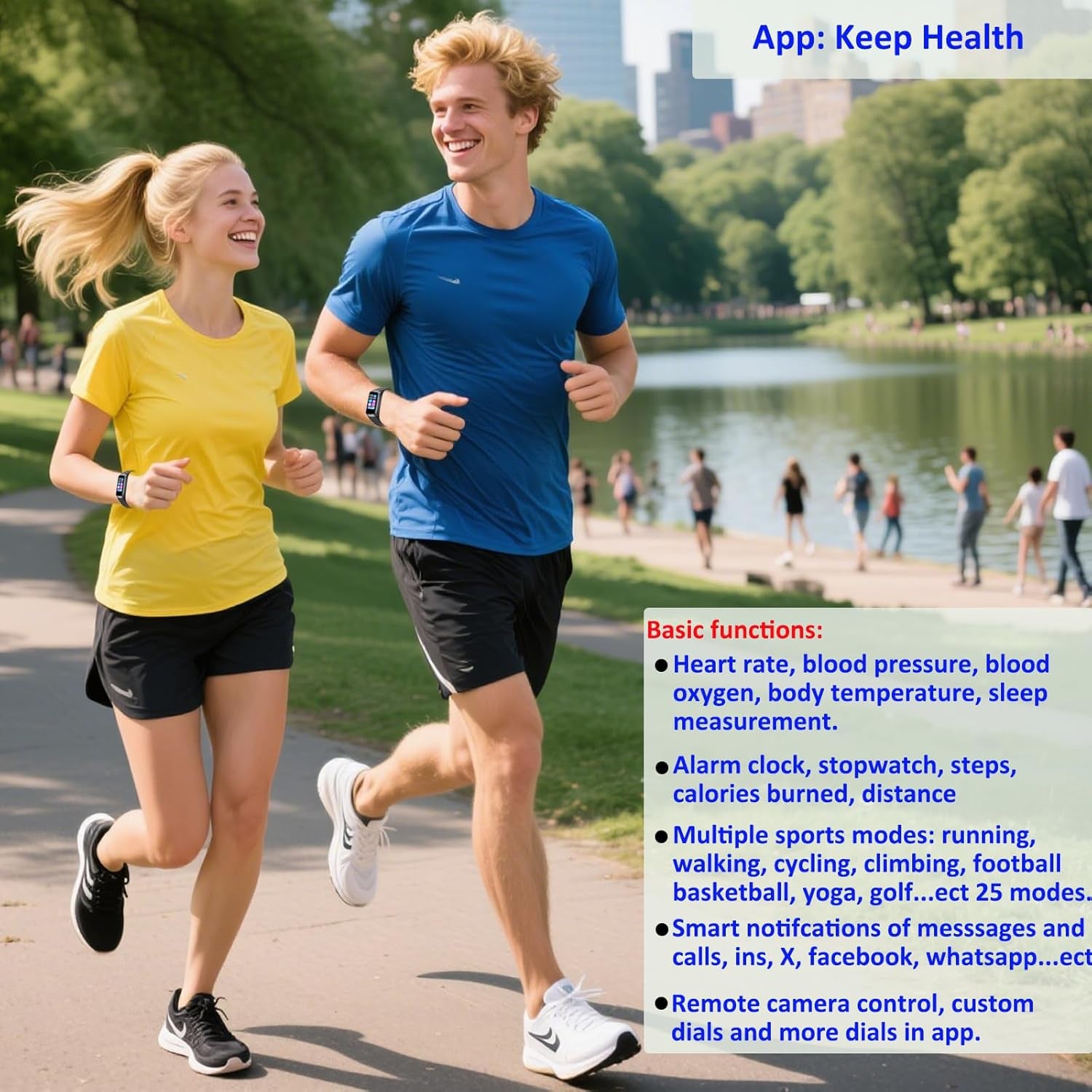 Waterproof fitness tracker for women and men worn by a man and woman jogging outdoors in a park