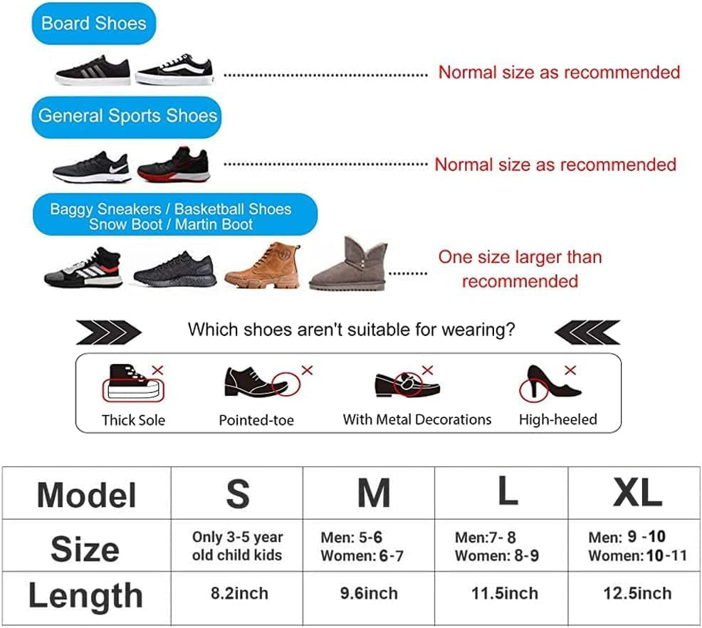 Size guide for waterproof shoe covers for outdoor activities by craques showing recommended sizes for different shoe types