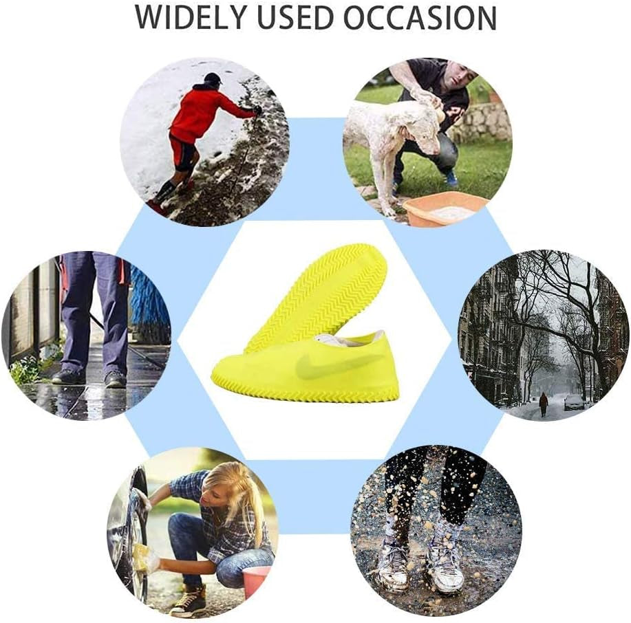 craques yellow waterproof shoe covers for outdoor activities shown with uses in rain, snow, mud, and washing shoes