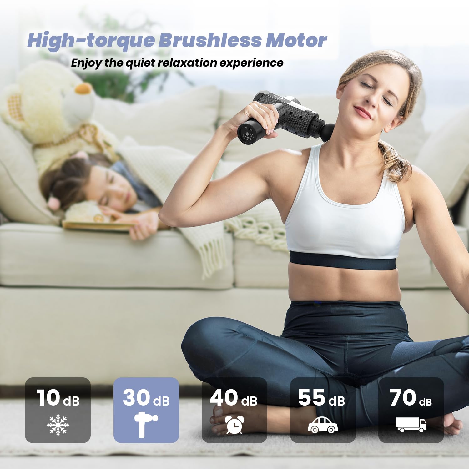 Woman using craques deep tissue massage gun with high-torque brushless motor for muscle relaxation
