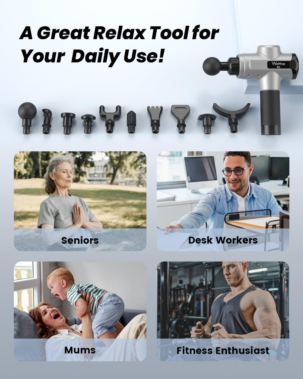 Craques deep tissue massage gun with multiple attachment heads for seniors desk workers mums and fitness enthusiasts