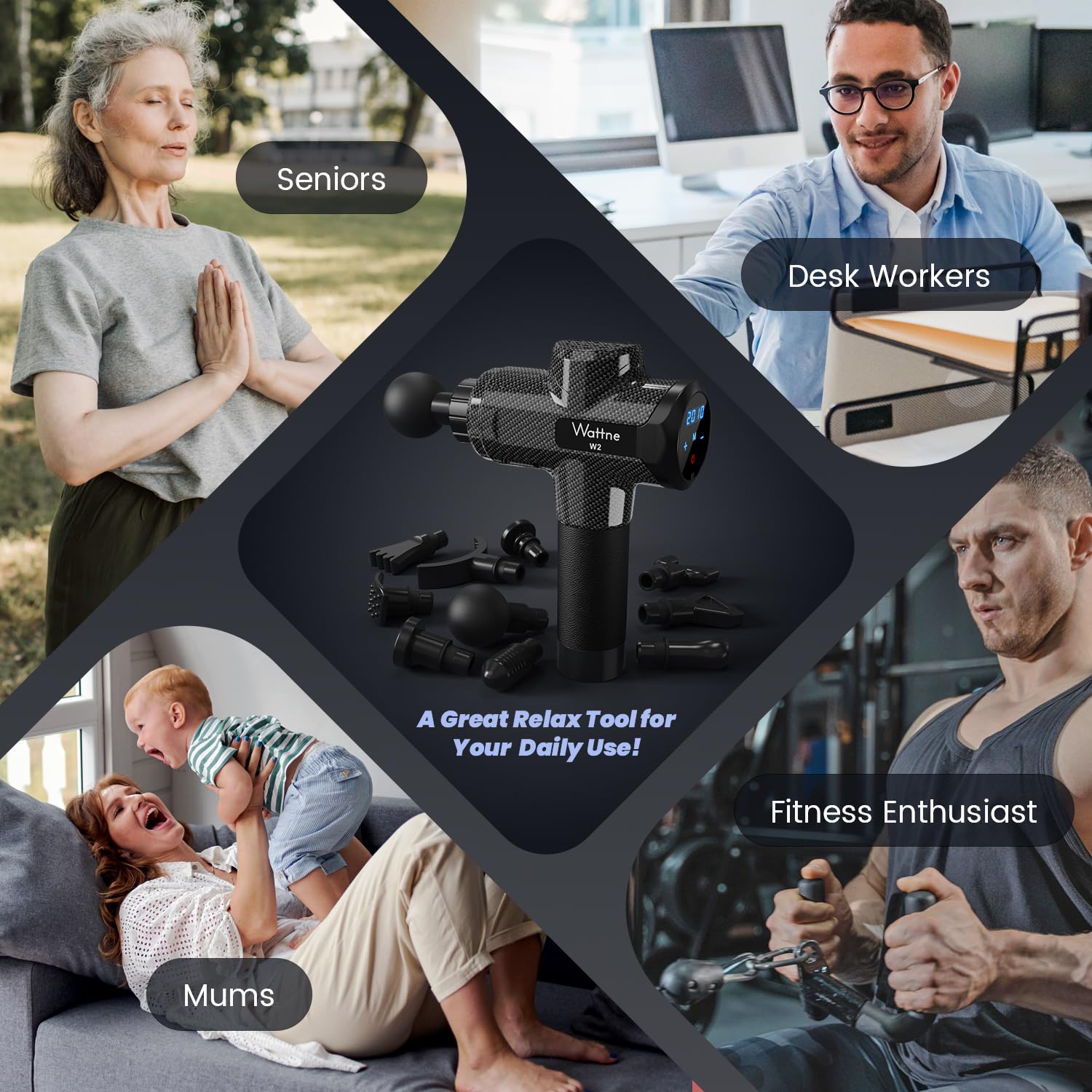 Craques deep tissue massage gun with multiple attachments shown for seniors desk workers mums and fitness enthusiasts
