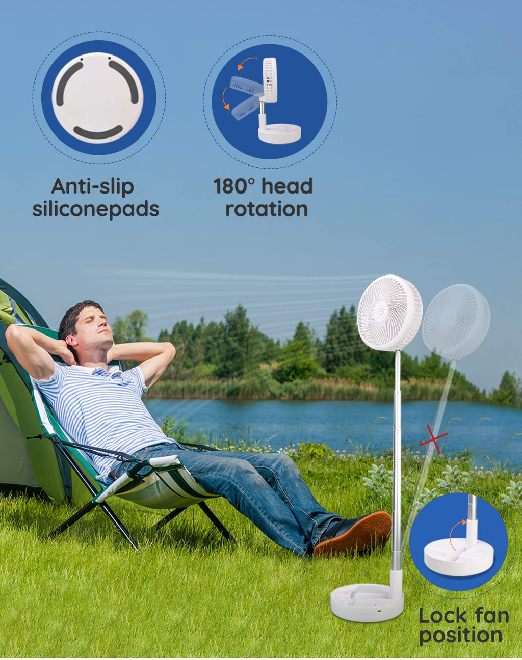 Craques portable rechargeable standing fan with 180 degree head rotation and anti slip silicone pads outdoor use