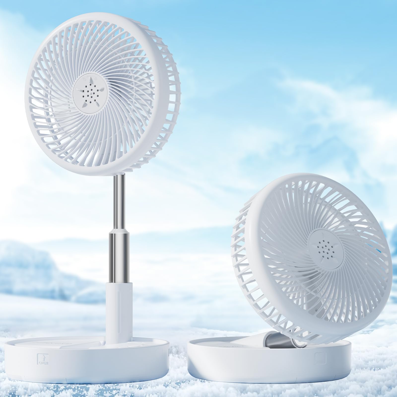 Craques portable rechargeable standing fan in white, shown in standing and folded positions