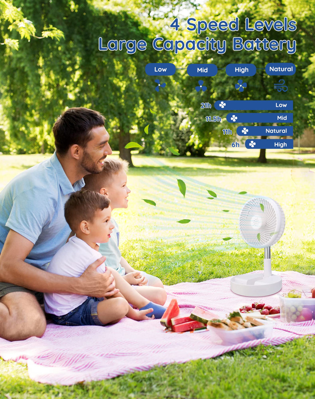 Portable rechargeable standing fan by craques with 4 speed levels and large battery used outdoors on picnic blanket