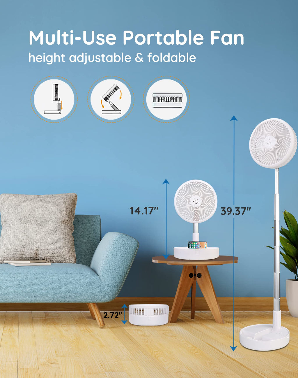 Craques portable rechargeable standing fan in multiple height settings shown folded and extended next to a blue sofa