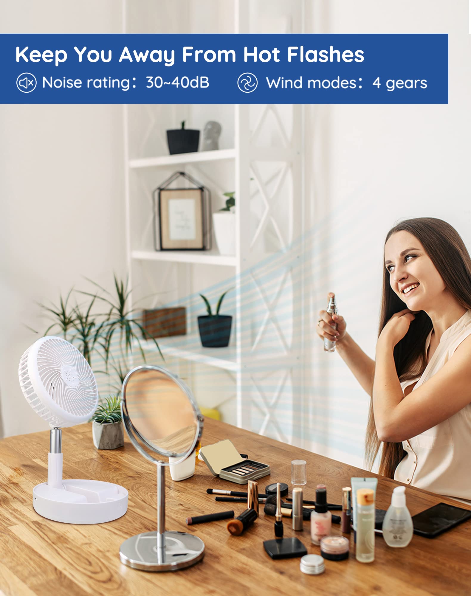 Craques portable rechargeable standing fan on desk with makeup and smiling woman using perfume