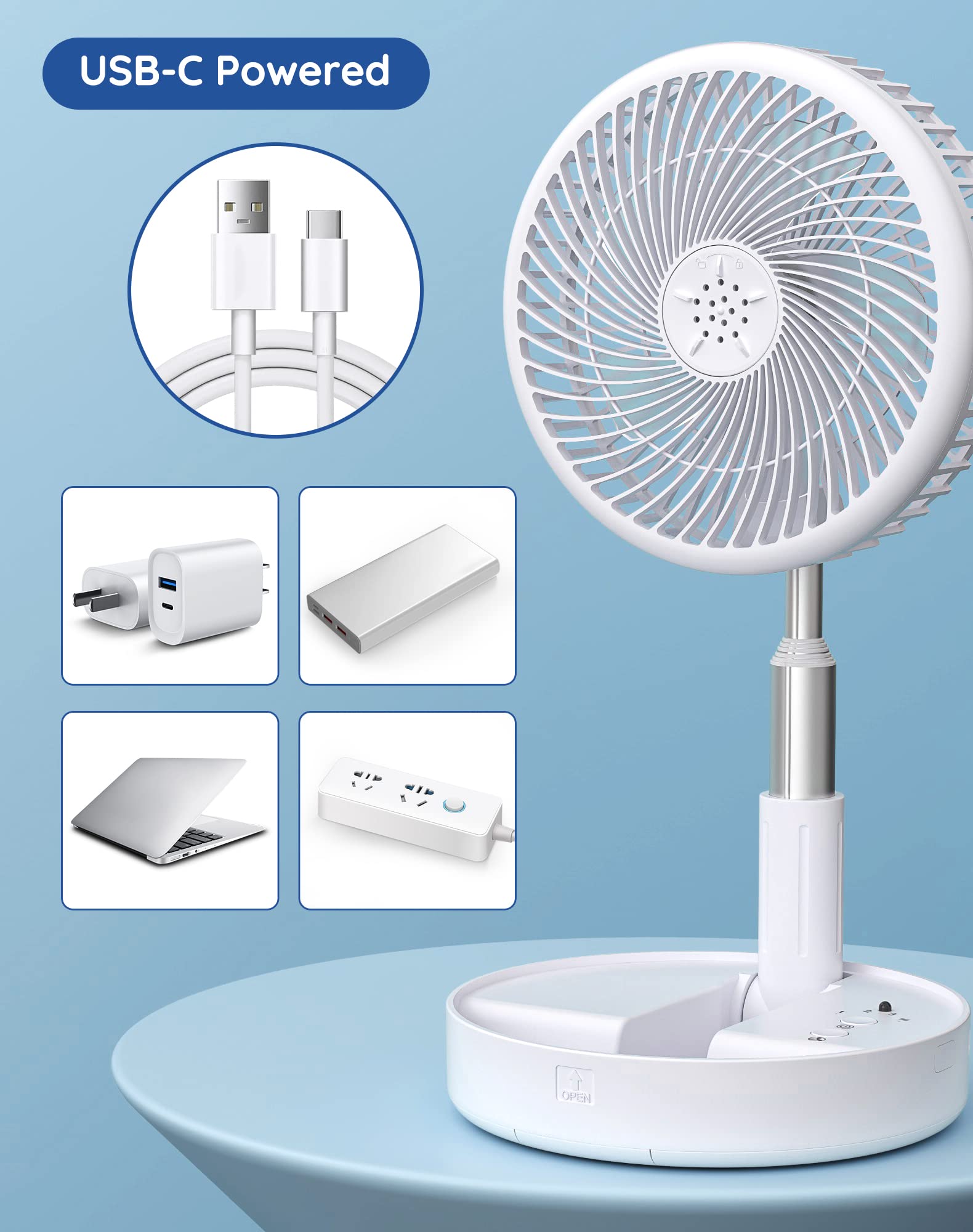 Craques USB-C powered portable rechargeable standing fan with adjustable height on blue table