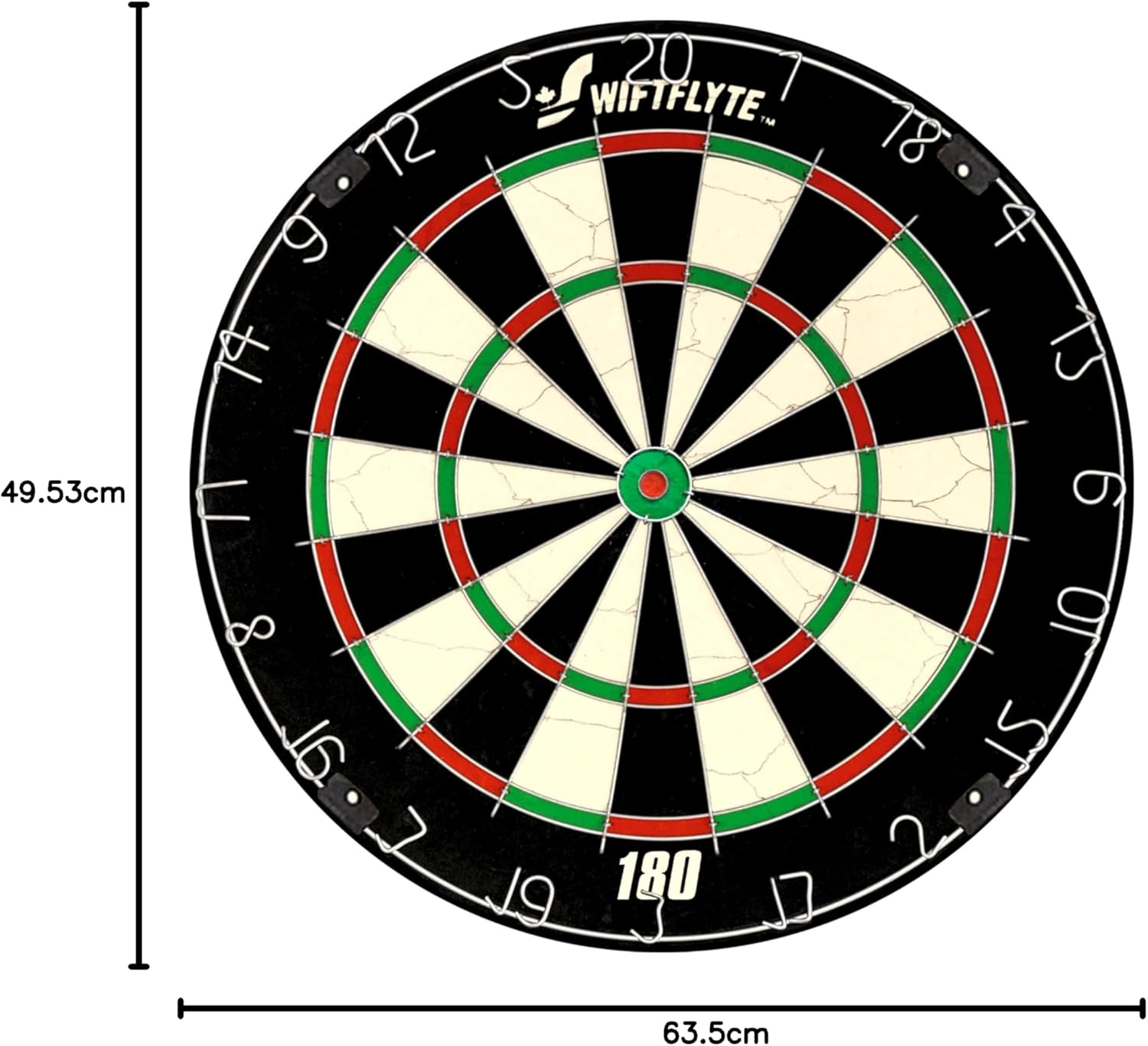 Crafted bristle dartboard cabinet set with standard numbered black, white, red, and green segments
