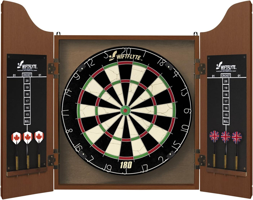 Craques bristle dartboard cabinet set with wooden doors and included darts featuring flag designs