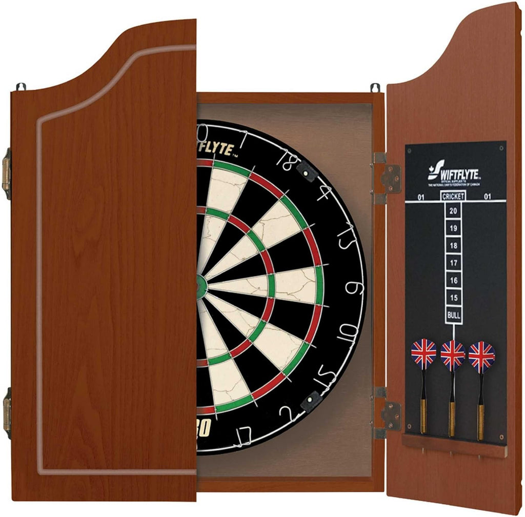 Craques bristle dartboard cabinet set with wooden cabinet, dartboard, and three darts with UK flag flights
