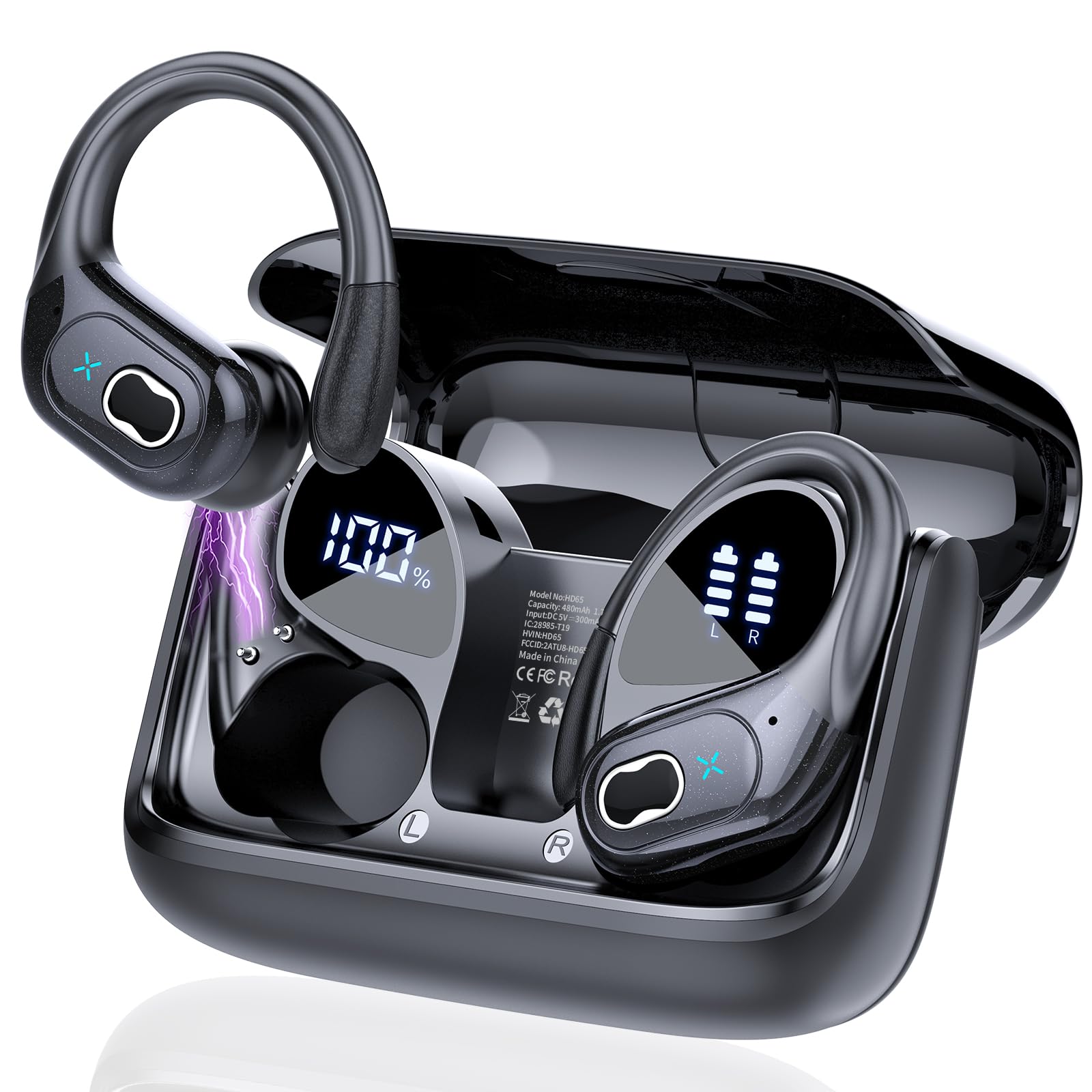 Craques wireless earbuds with long battery life in black with charging case and LED battery indicators