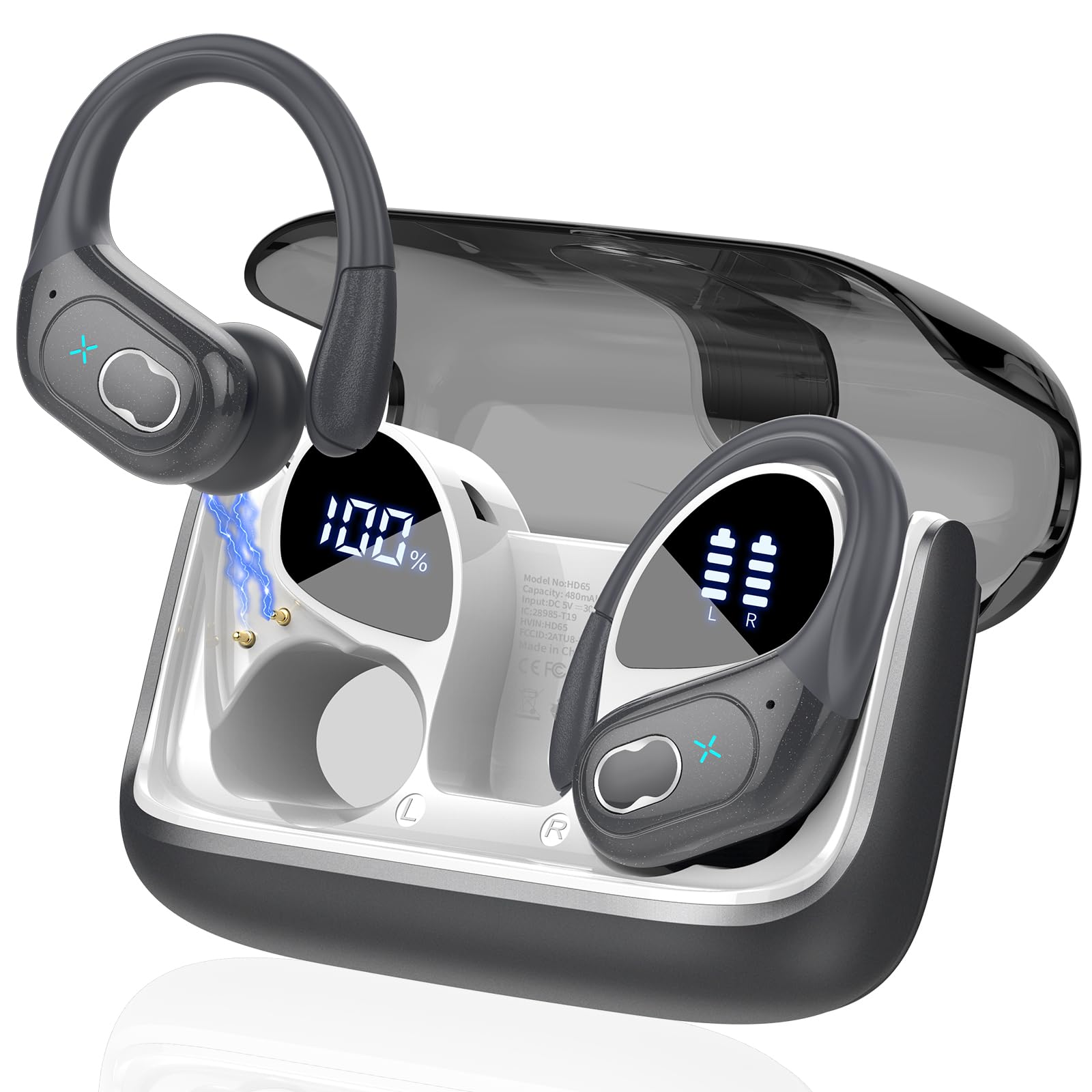 craques wireless earbuds with long battery life in black with digital battery display and charging case