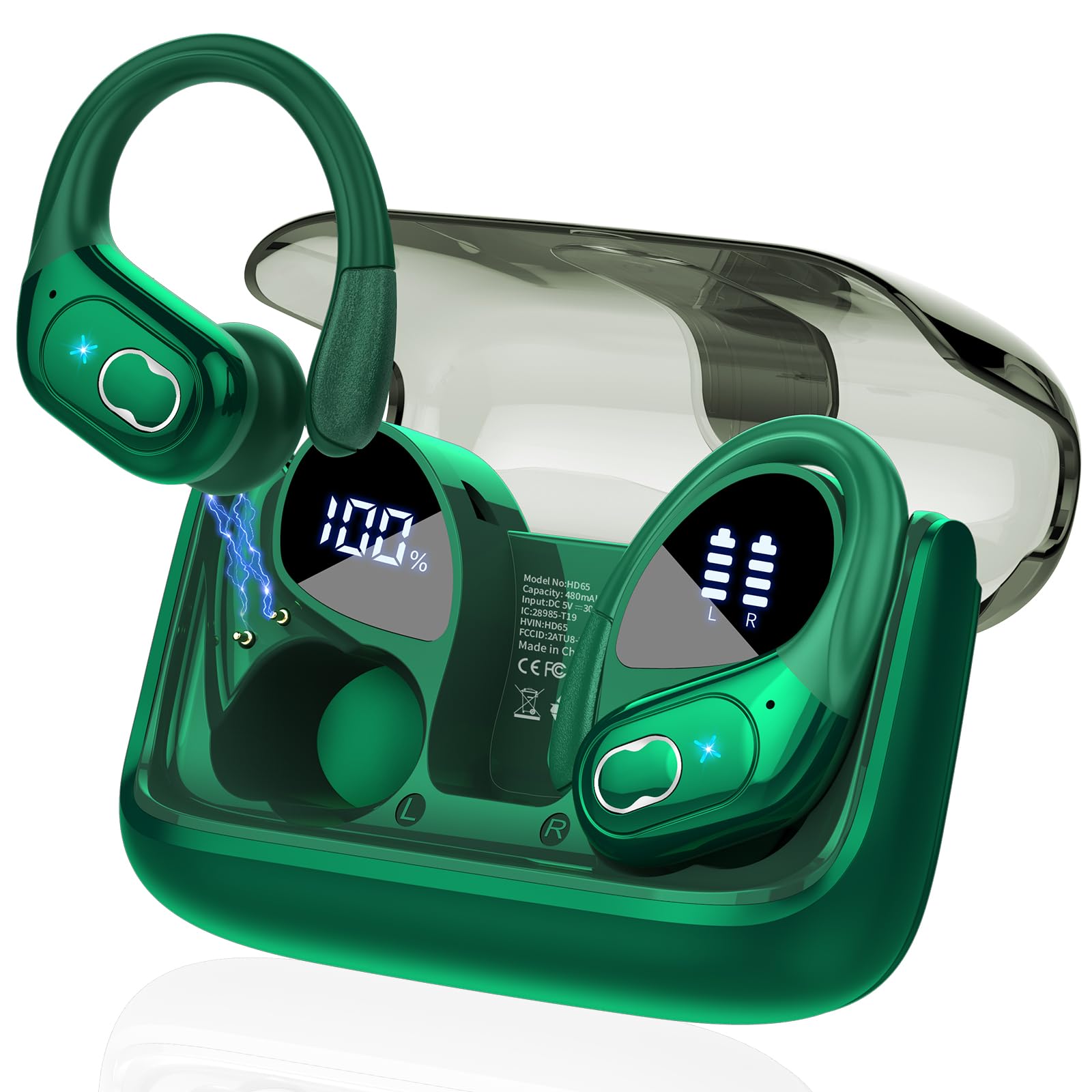 Green wireless earbuds with long battery life and digital display charging case by craques
