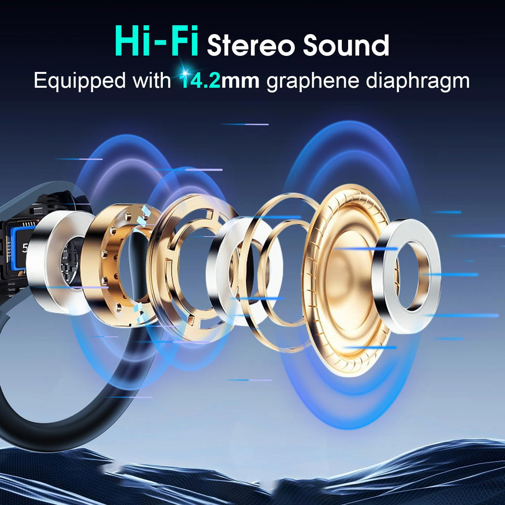 Wireless earbuds with long battery life featuring 14.2mm graphene diaphragm for hi-fi stereo sound