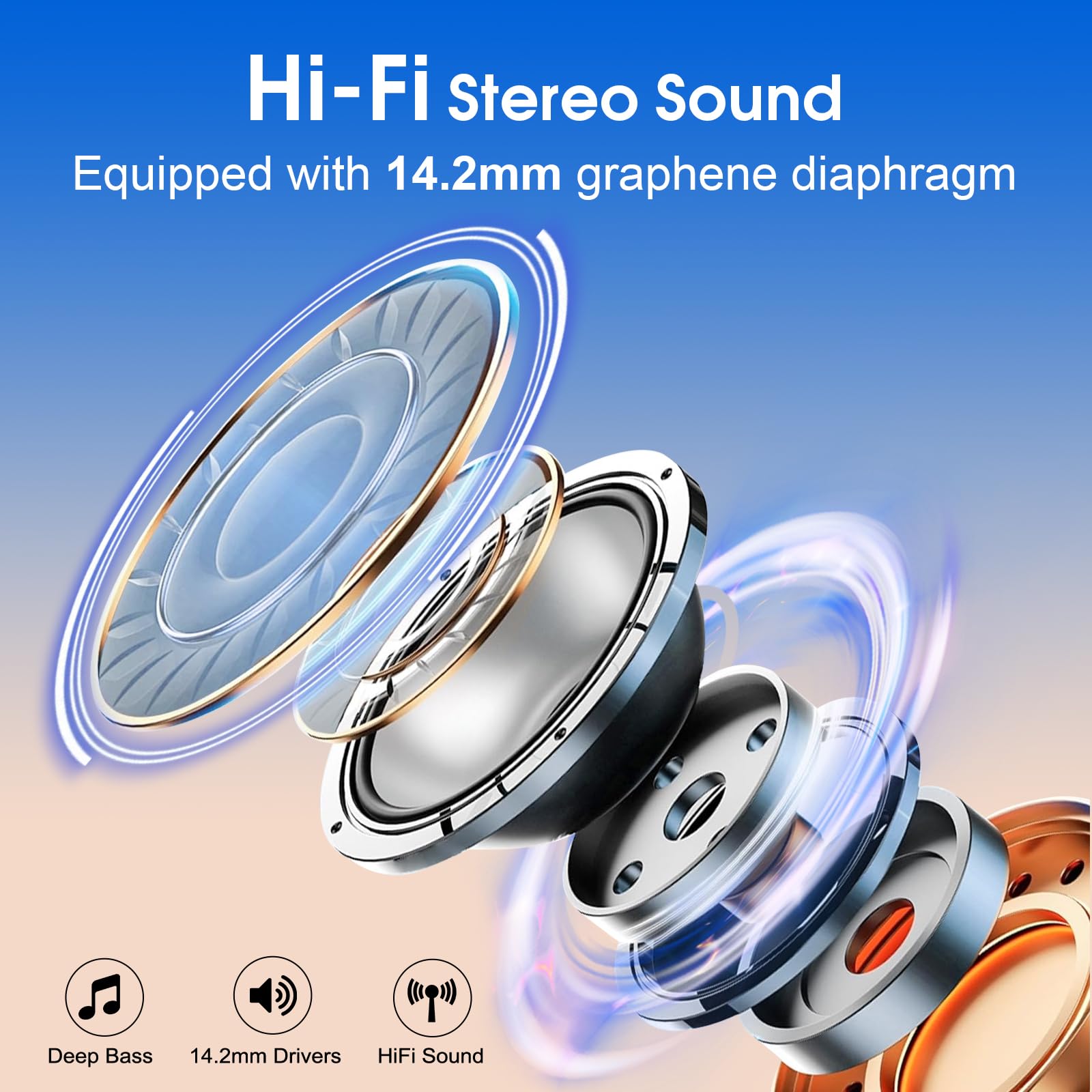 Craques wireless earbuds with long battery life featuring 14.2mm graphene diaphragm for Hi-Fi stereo sound