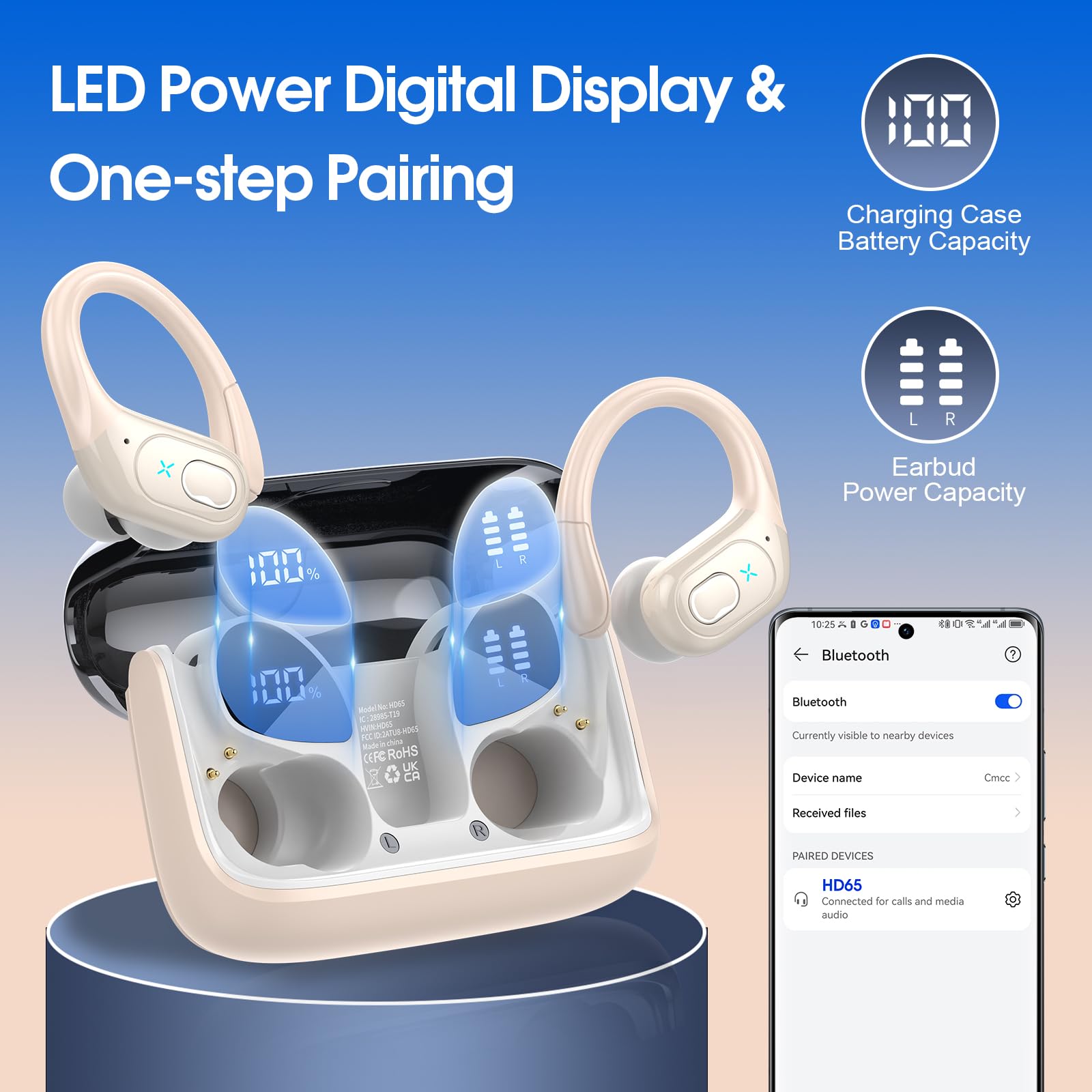 Wireless earbuds with long battery life and LED power digital display with one-step pairing by craques