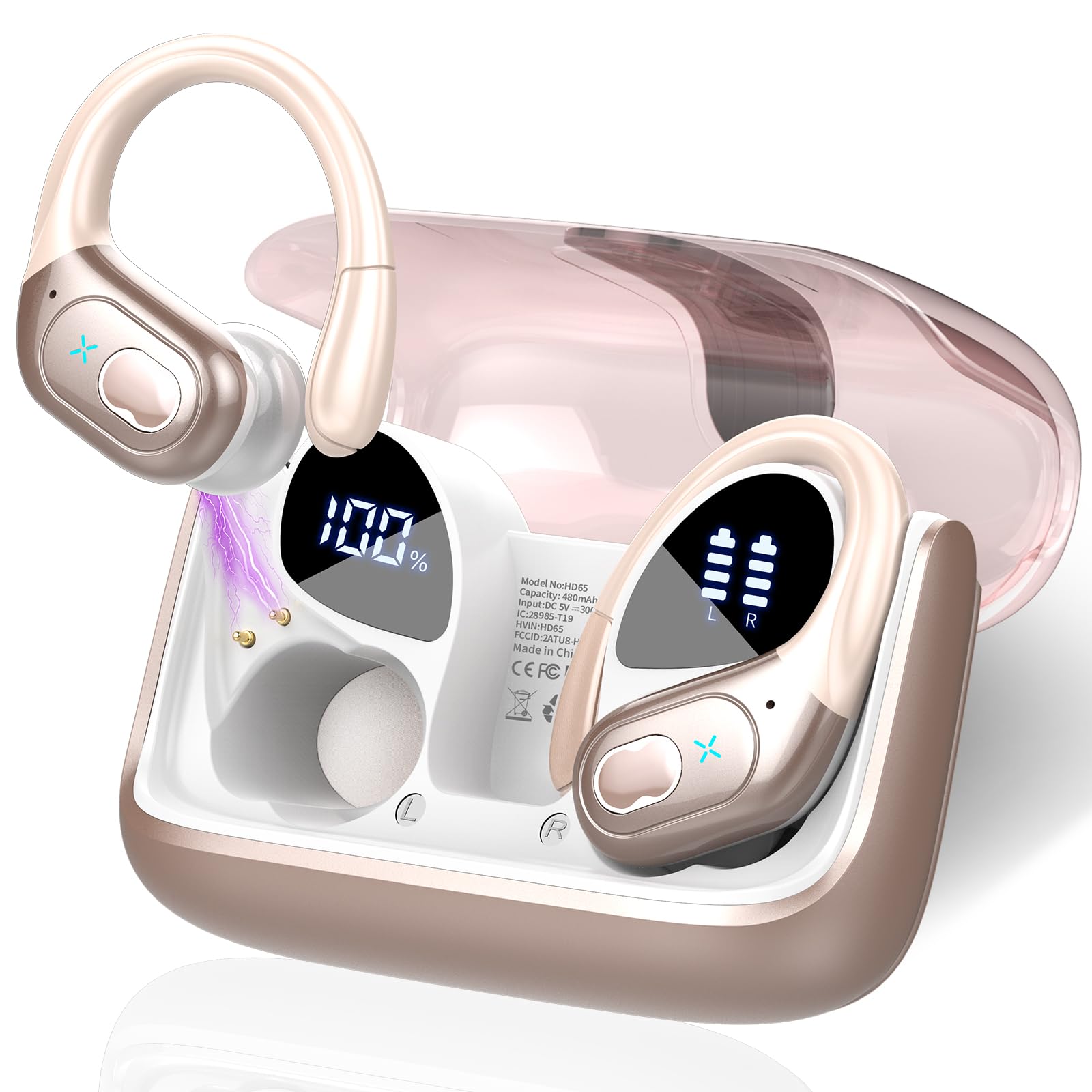 Craques wireless earbuds with long battery life in beige with LED charging case display
