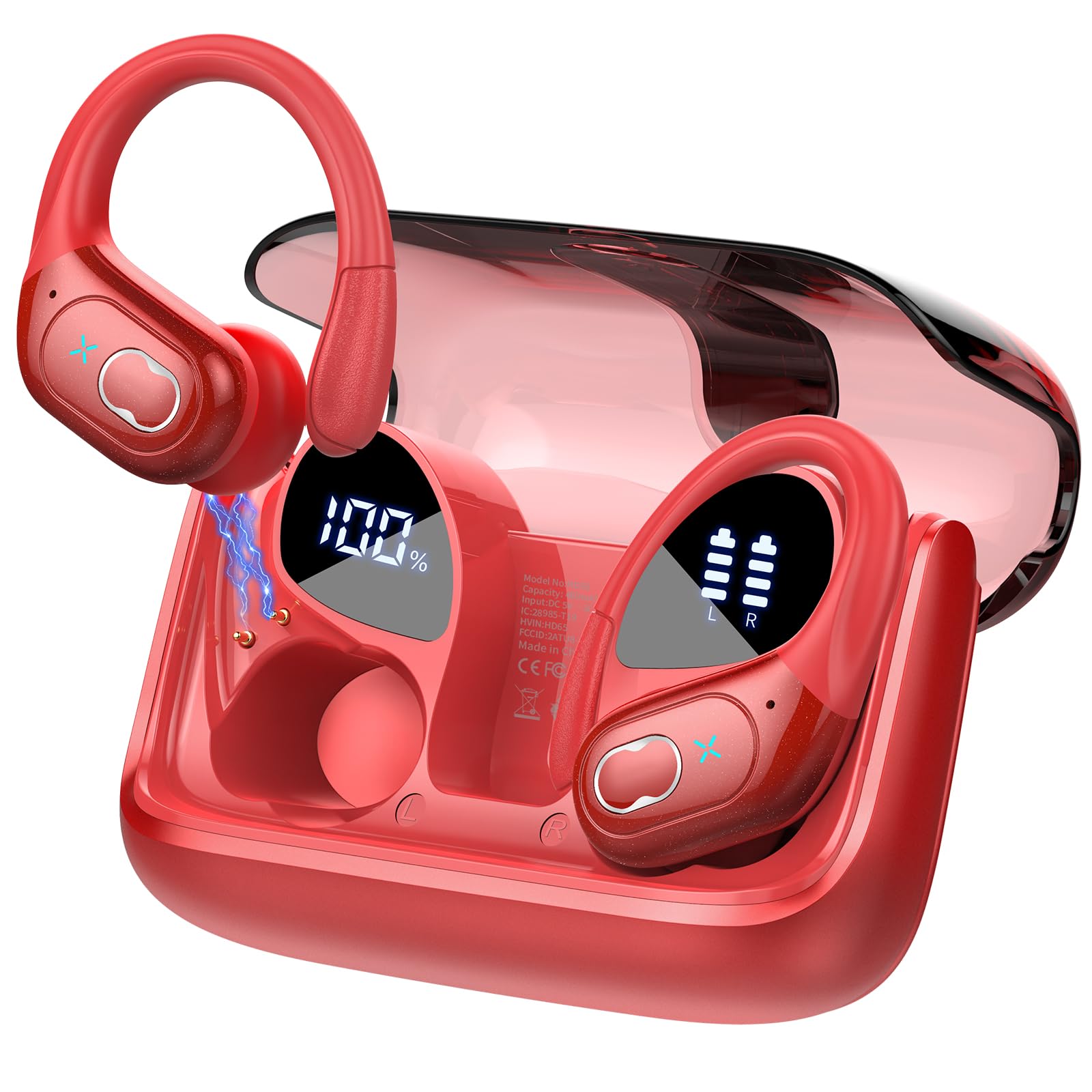 Craques red wireless earbuds with long battery life and digital charging case display