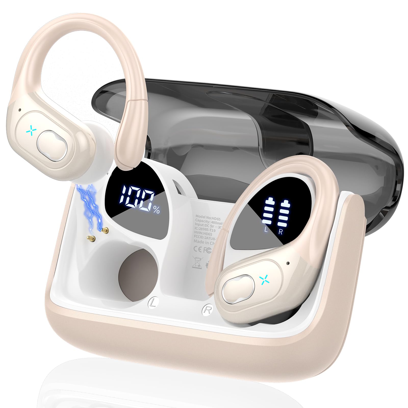 Craques wireless earbuds with long battery life in beige with digital charging case display