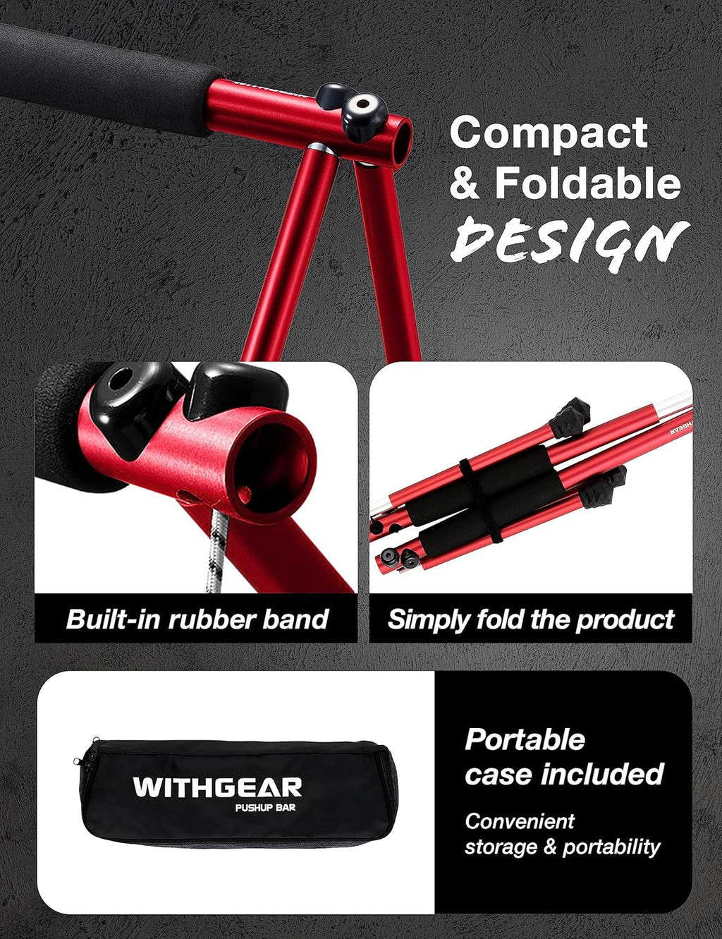 Compact red folding push up bar for home with built-in rubber band and portable storage case