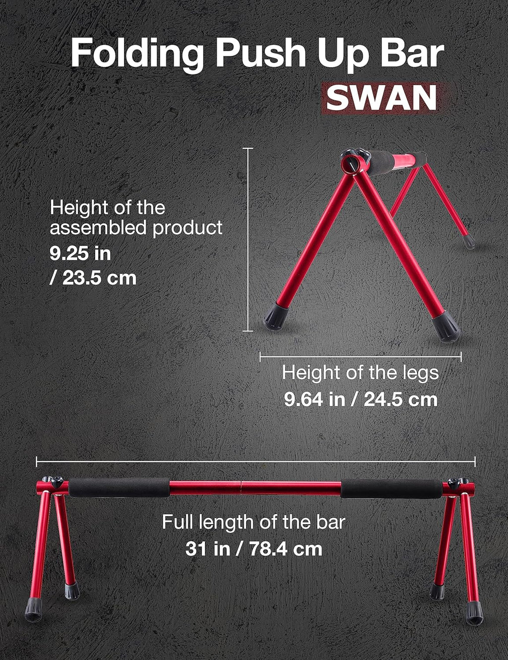 Red folding push up bar for home with foam grips and sturdy metal legs, compact and portable