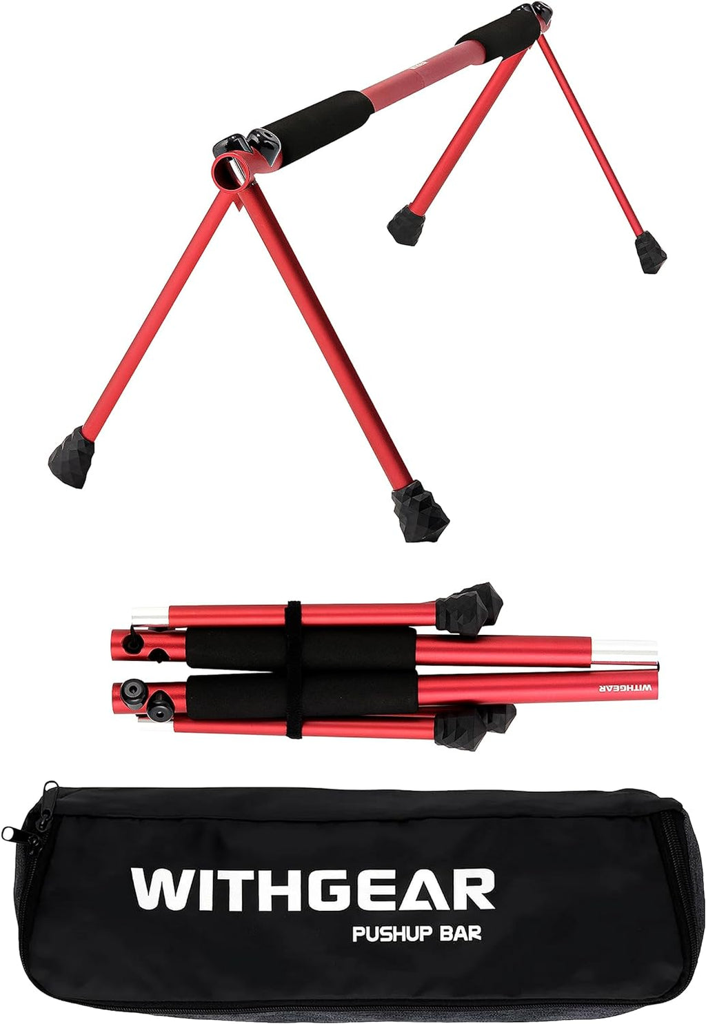 Red folding push up bar for home with black foam grips and carrying bag by craques