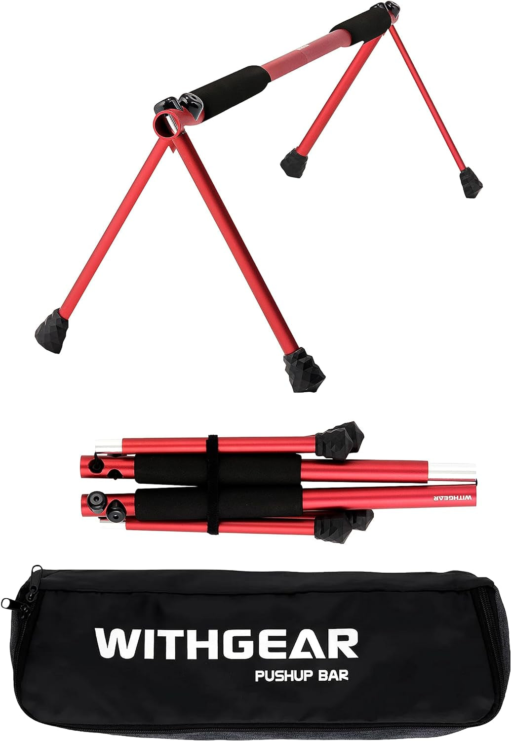 Red folding push up bar for home with black foam grips and carrying bag by craques
