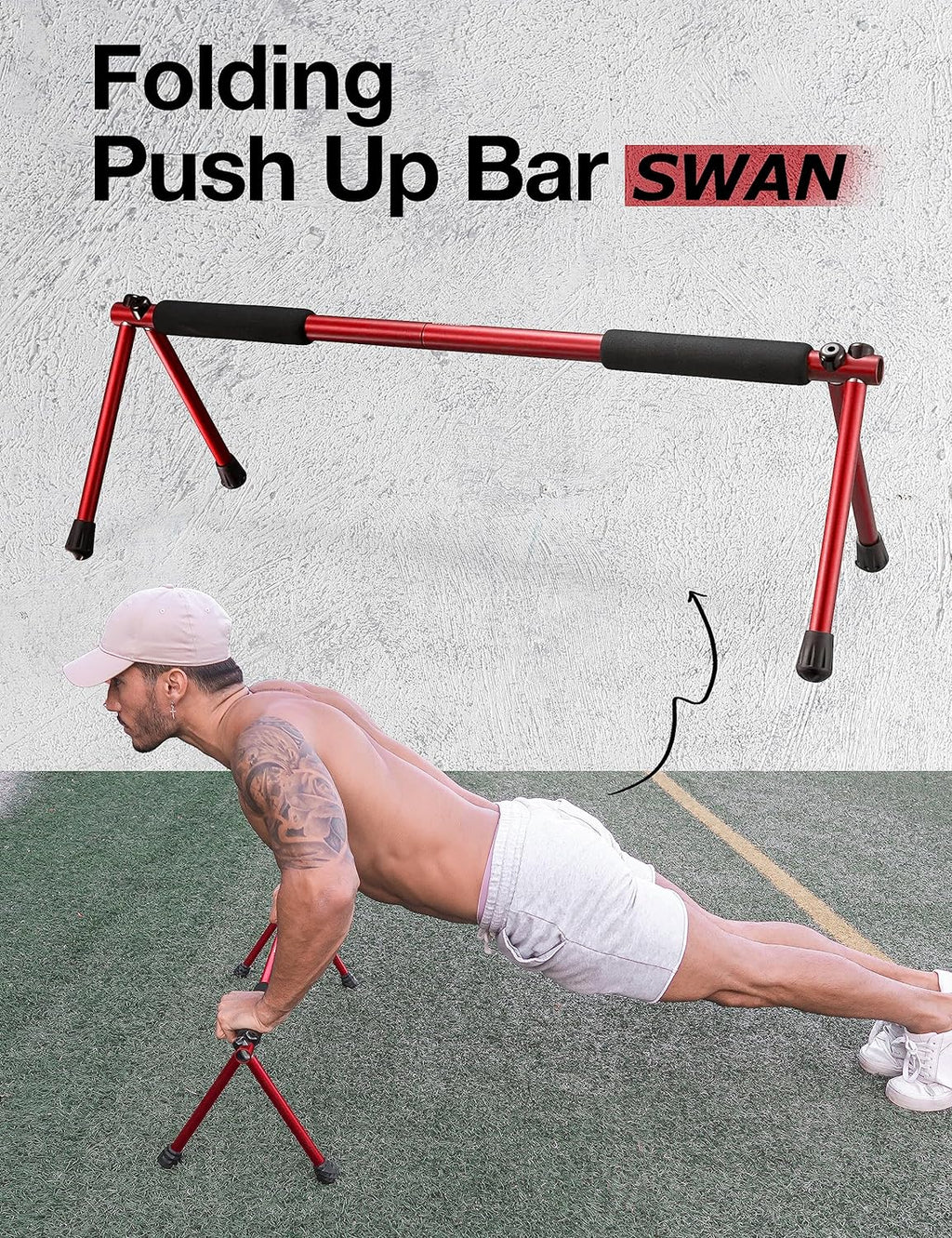 Red folding push up bar for home with foam grips and sturdy metal frame used by man exercising outdoors