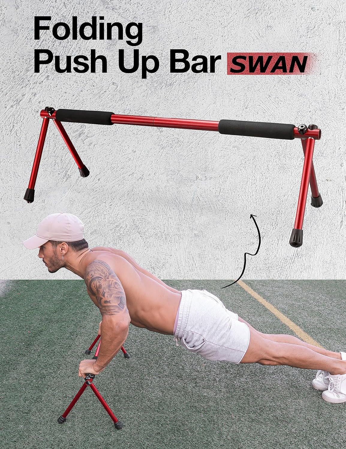 Red folding push up bar for home with foam grips and sturdy metal frame used by man exercising outdoors