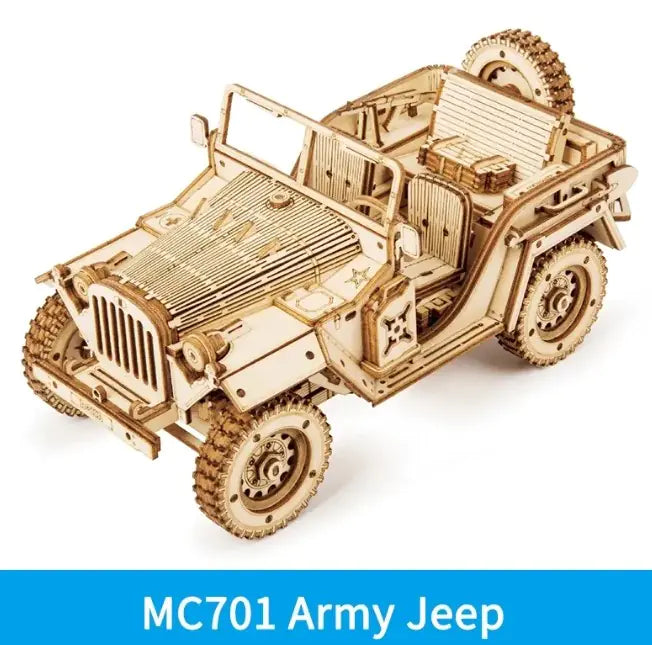 MC701 Army Jeep wooden model by craques featuring detailed design, part of 3D wooden puzzle train kit collection