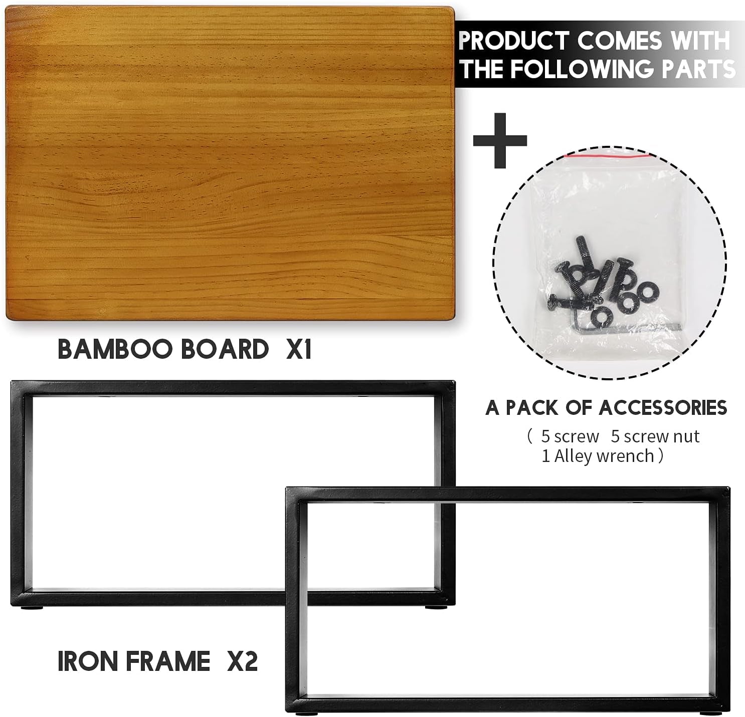 Assembly parts for wooden step stool for adults including bamboo board, two iron frames, and a pack of screws and accessories