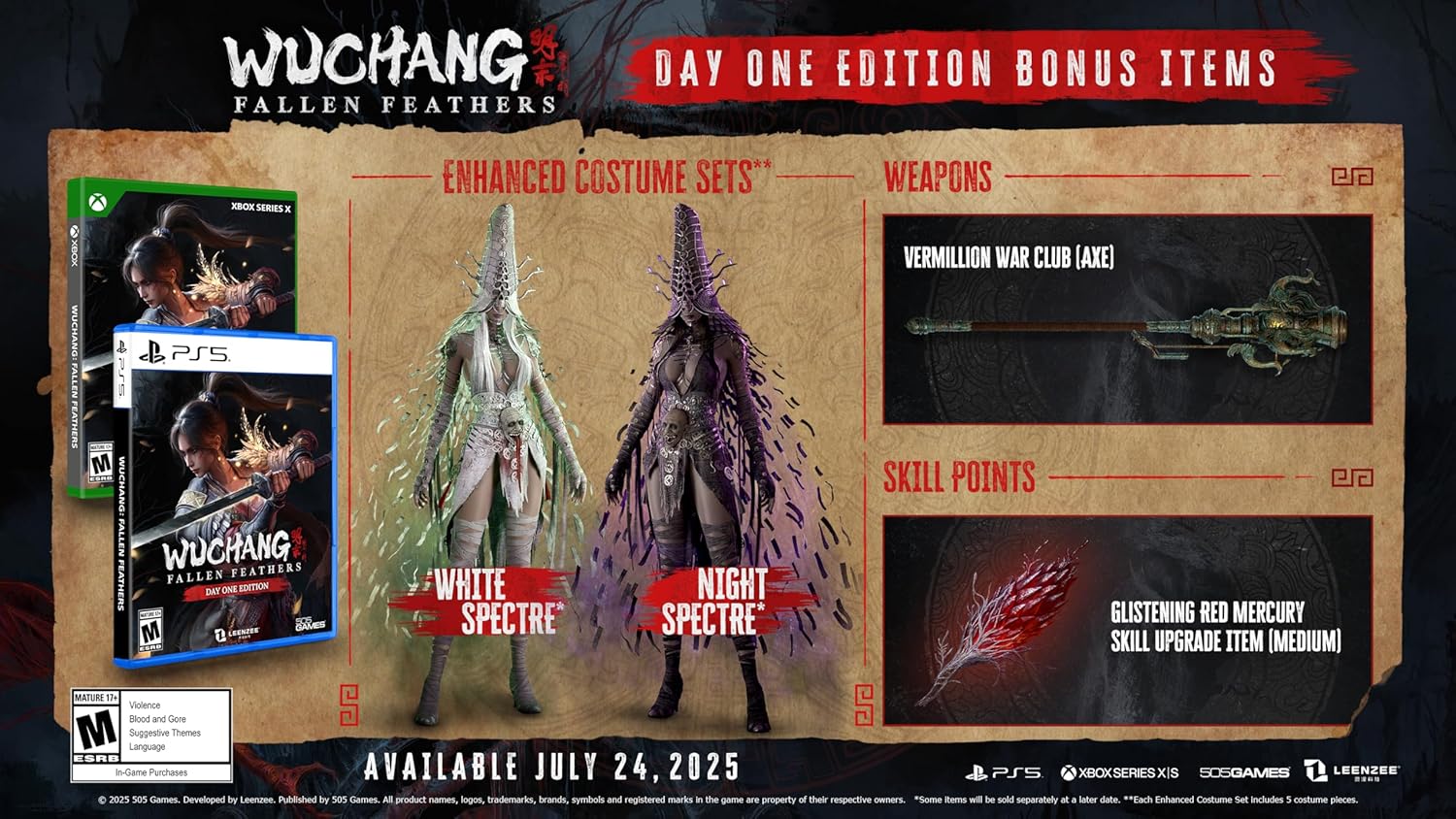 Wuchang Fallen Feathers PS5 Day One Edition bonus items featuring enhanced costume sets white and night spectre and vermillion war club axe
