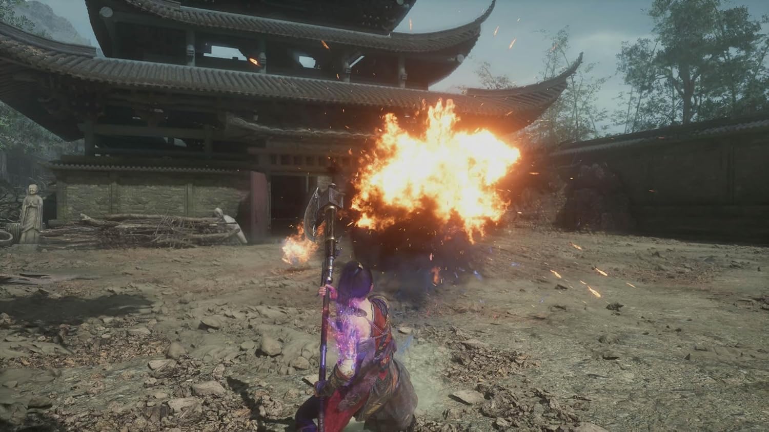 Wuchang Fallen Feathers PS5 game scene showing character casting fire spell near traditional Asian temple