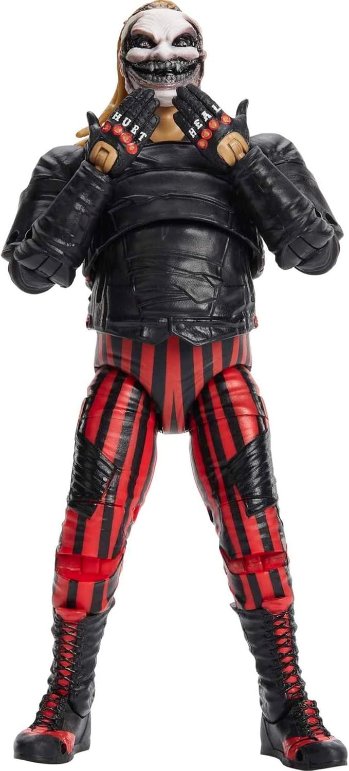 The Fiend Bray Wyatt action figure wearing black and red striped pants with detailed face paint and armored black jacket