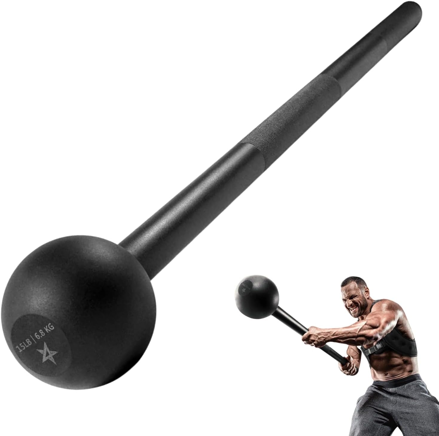 Black steel mace strength training tool with textured grip and 15lb weight for full body workouts