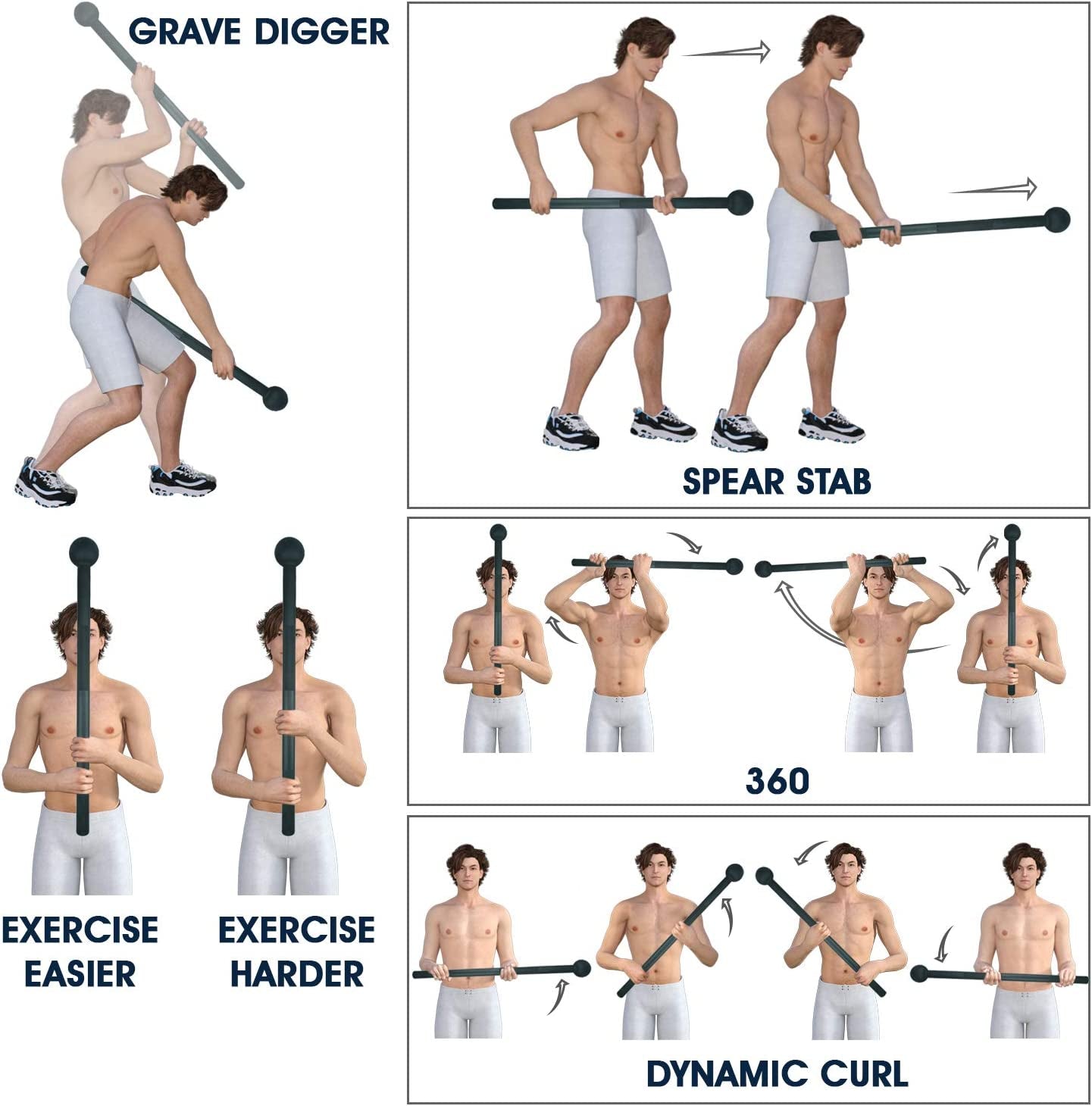 Man demonstrating steel mace strength training exercises including grave digger spear stab 360 and dynamic curl