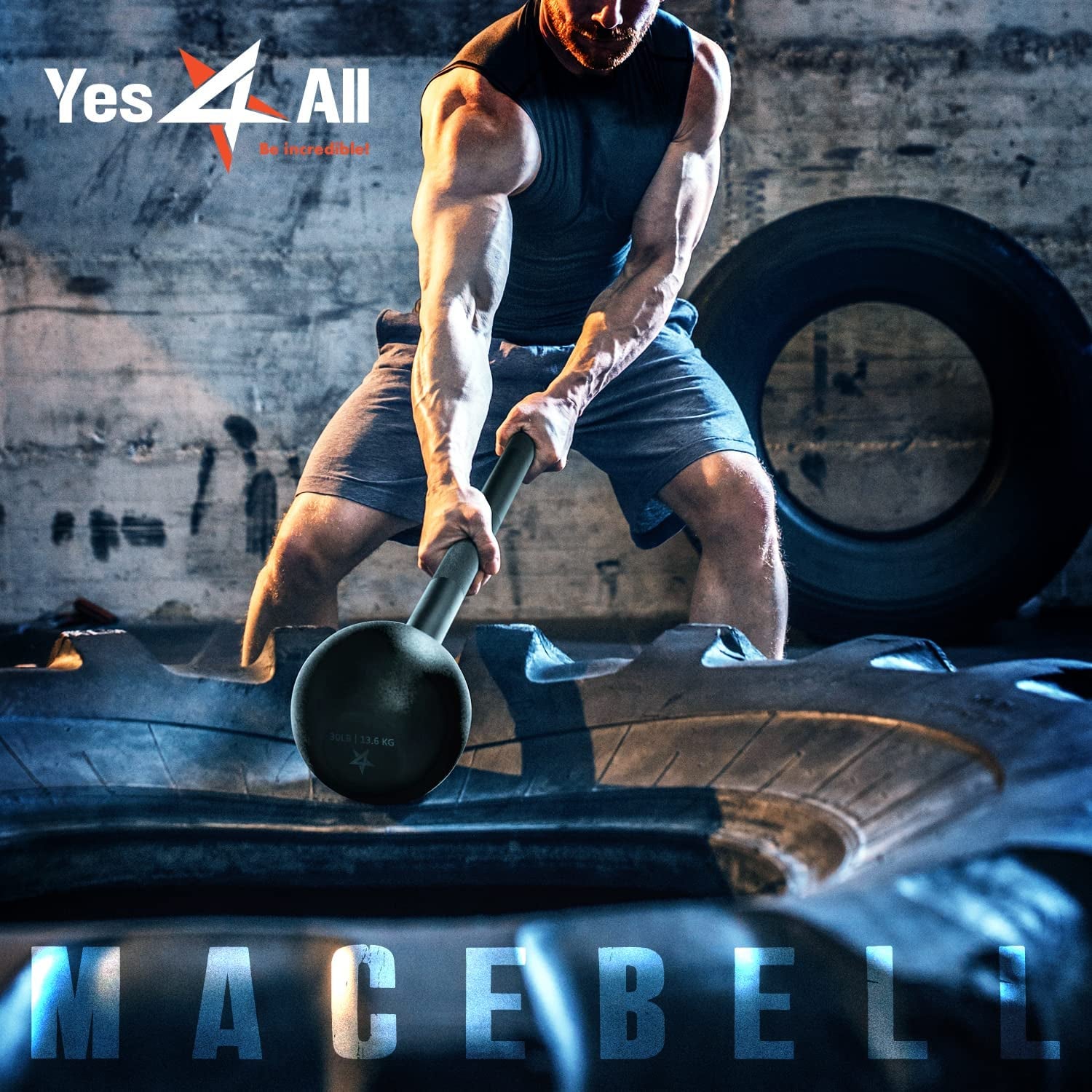 Man performing steel mace strength training with heavy macebell hitting large tire in gym