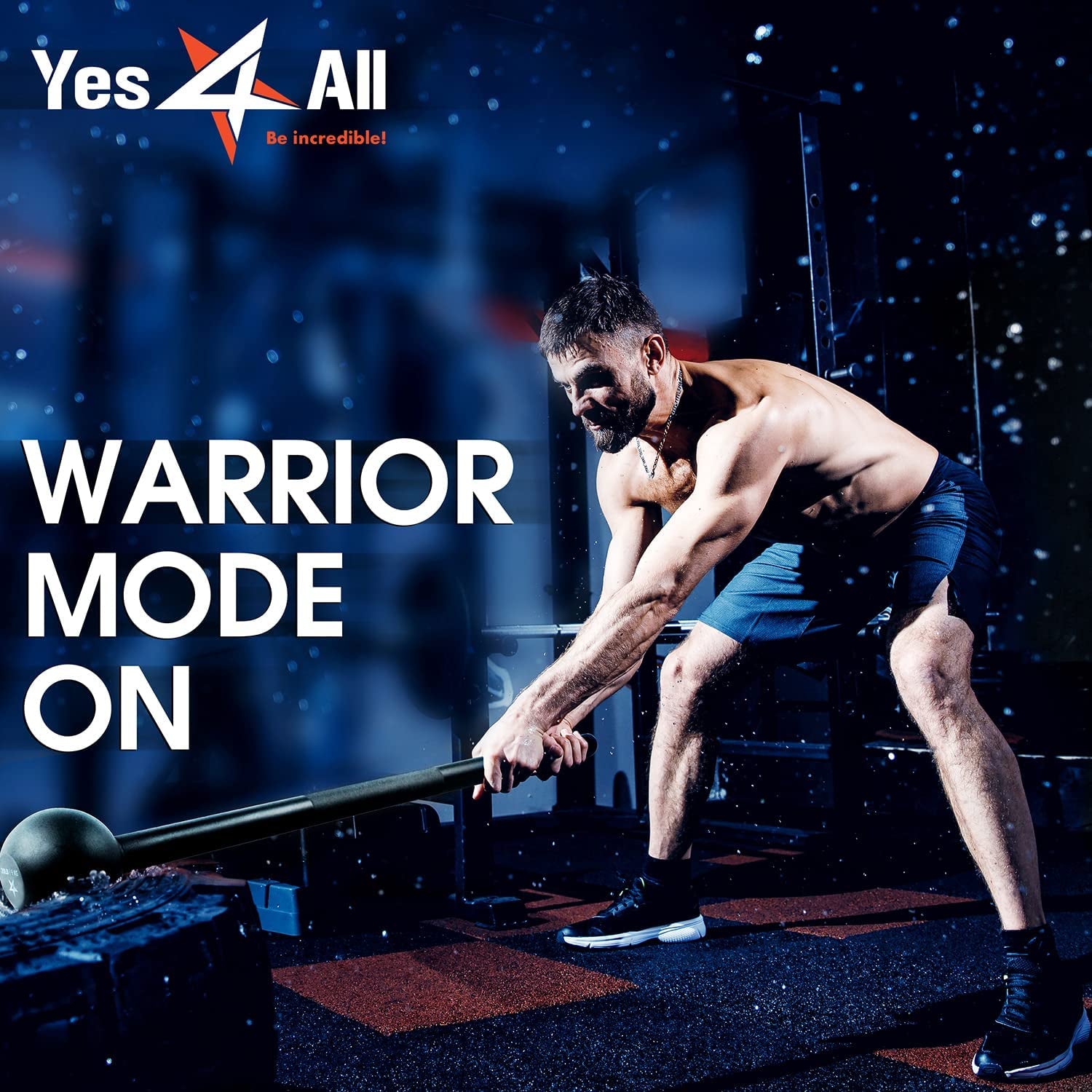 Man performing steel mace strength training in a gym with intense warrior mode focus
