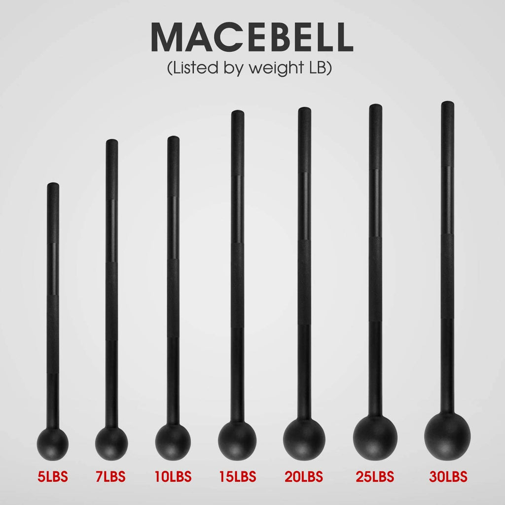 Set of black craques macebells in various weights for steel mace strength training from 5 to 30 pounds