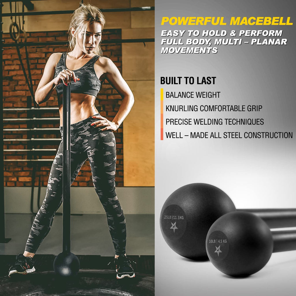 Woman exercising with craques steel mace strength training tool in gym showing balanced weight and comfortable grip