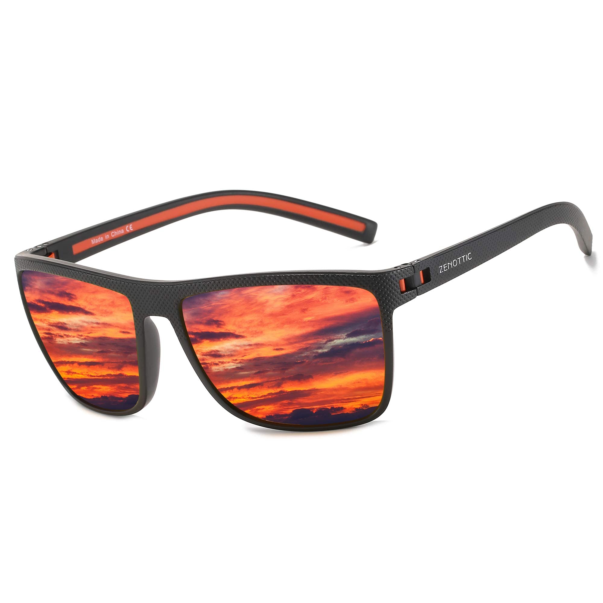 Craques men's polarized sunglasses with black frame and red reflective lenses showing sunset reflection