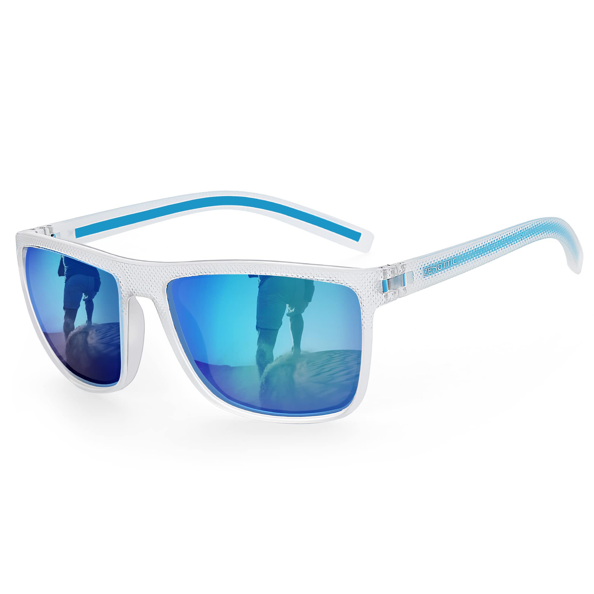 craques men's polarized sunglasses with blue mirrored lenses and transparent white frame