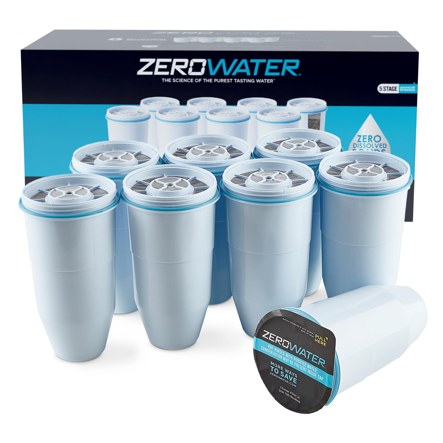 ZeroWater replacement filters 4 pack with white and blue cartridge design for water filtration