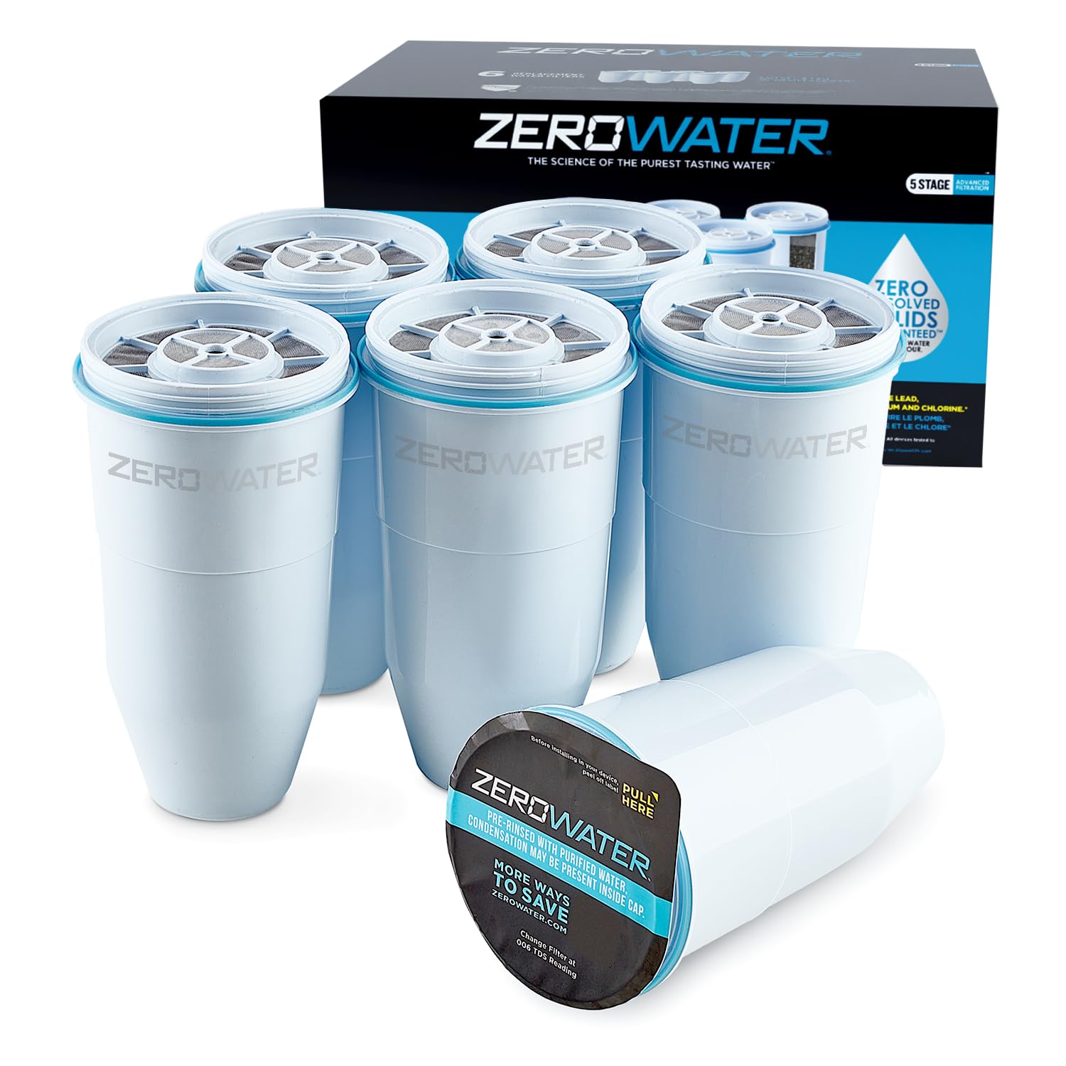 ZeroWater replacement filters 4 pack with white multi-stage water filter cartridges and black box