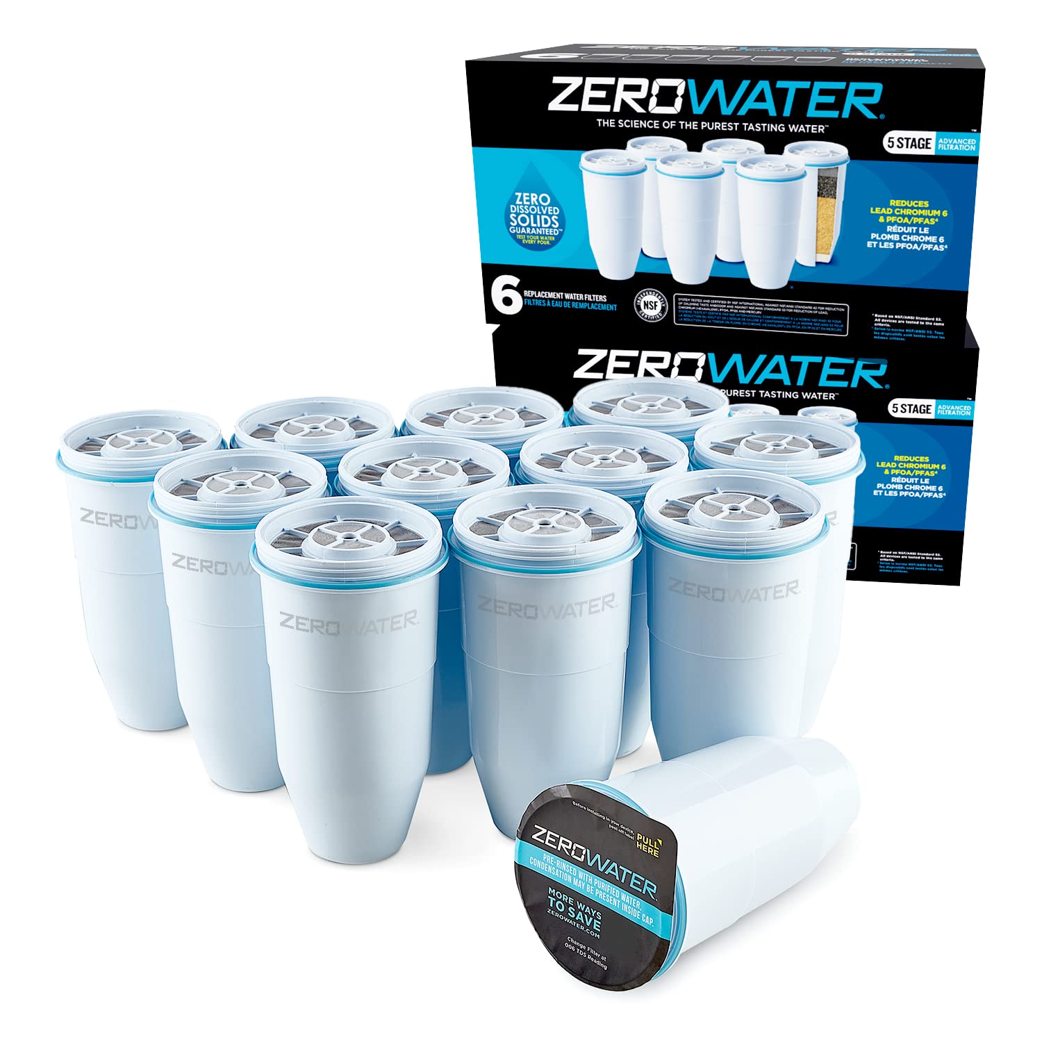 ZeroWater replacement filters 4 pack with multiple white water filter cartridges for clean water