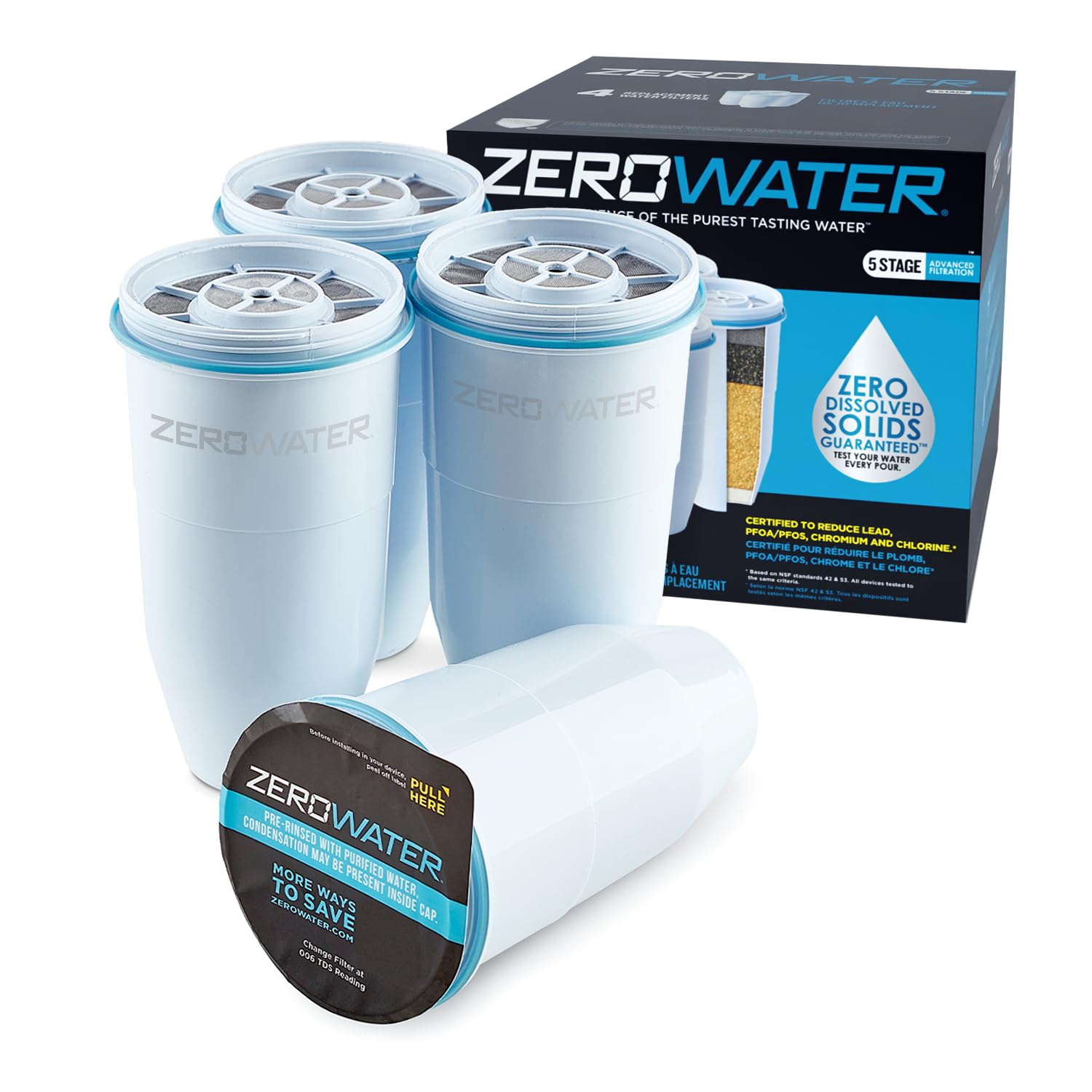 ZeroWater replacement filters 4 pack showing four white cylindrical water filter cartridges with black and blue labels and branded box